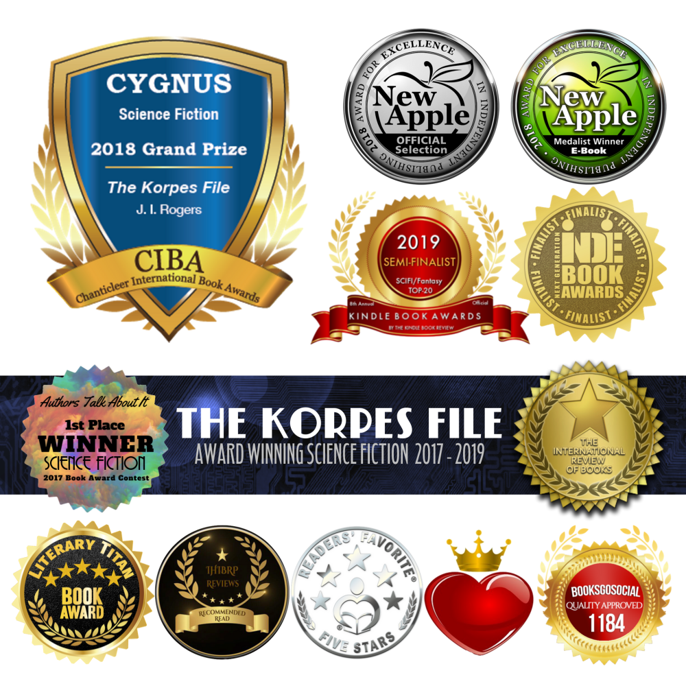 Images of all the shiny stickers "The Korpes File" has won; awarded by reviewers and placement in book contests.