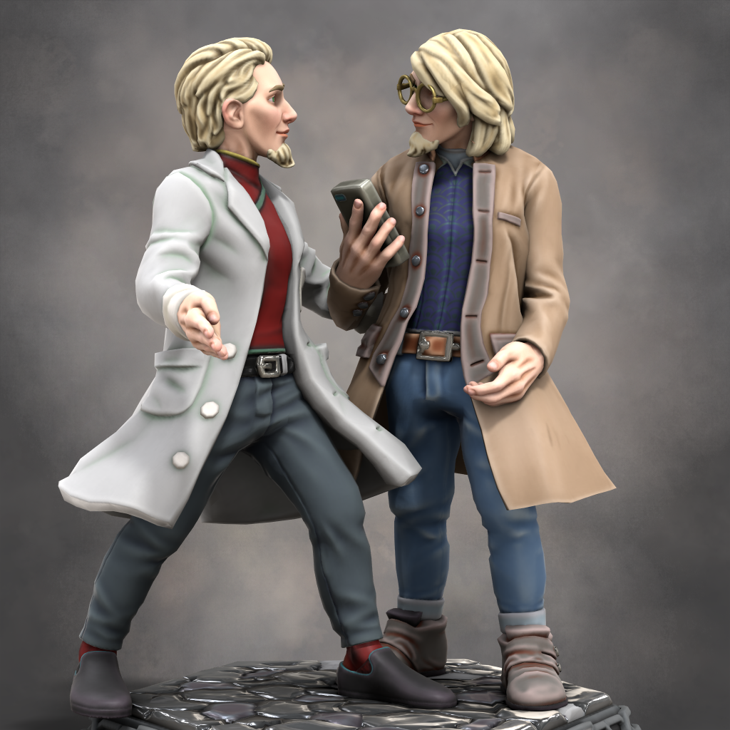 Two stylized male characters standing together, one in a lab coat and the other in a casual coat, engaged in conversation while looking at a smartphone.